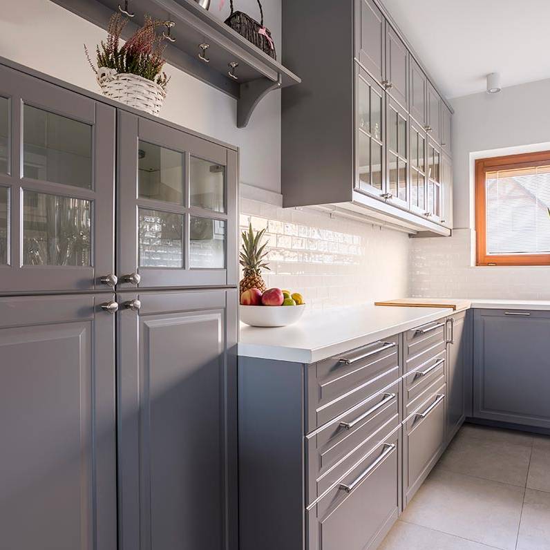 Gray cabinets with white tops