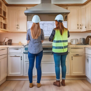 Homeowner and General Contractor looking at plans for kitchen remodel